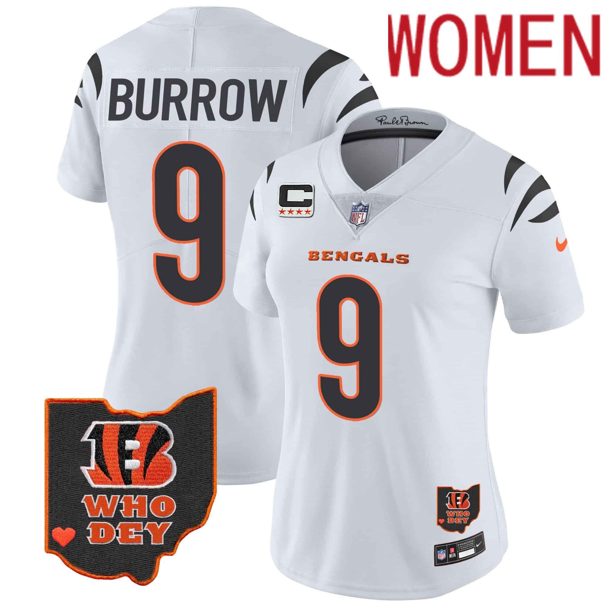 Women Cincinnati Bengals #9 Burrow White 2024 Nike Patch Vapor Limited NFL Jersey->women nfl jersey->Women Jersey